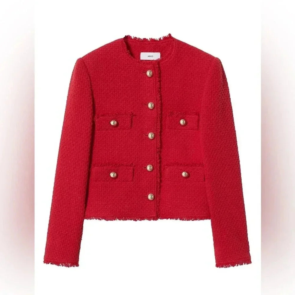Mango Pocket Tweed Buttoned-Front Jacket NWT